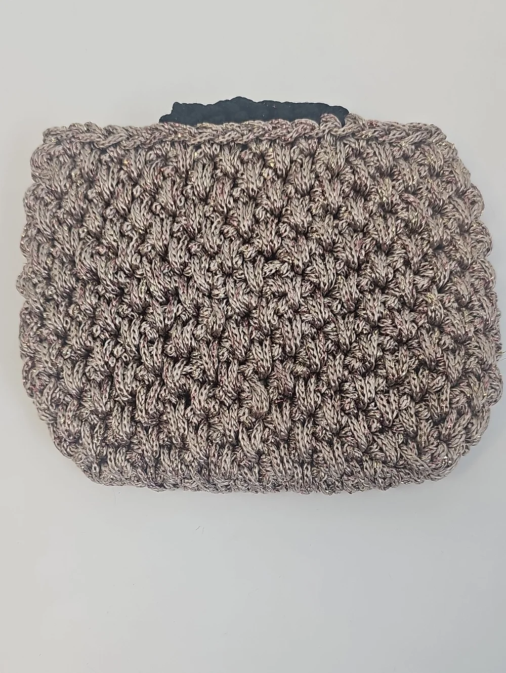 Hand Knit Mini Clutch Purse Gold & Copper Metallic w Brown Flap